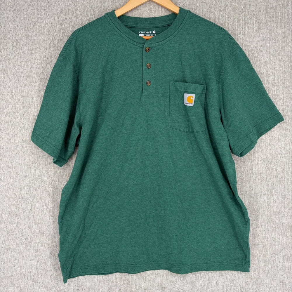 Carhartt Henley Shirt Mens Large Green Loose Fit Short Sleeve Pocket Tee